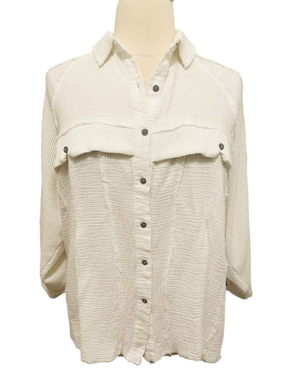 POL Off White Button-Front Waffle Gauze Top M